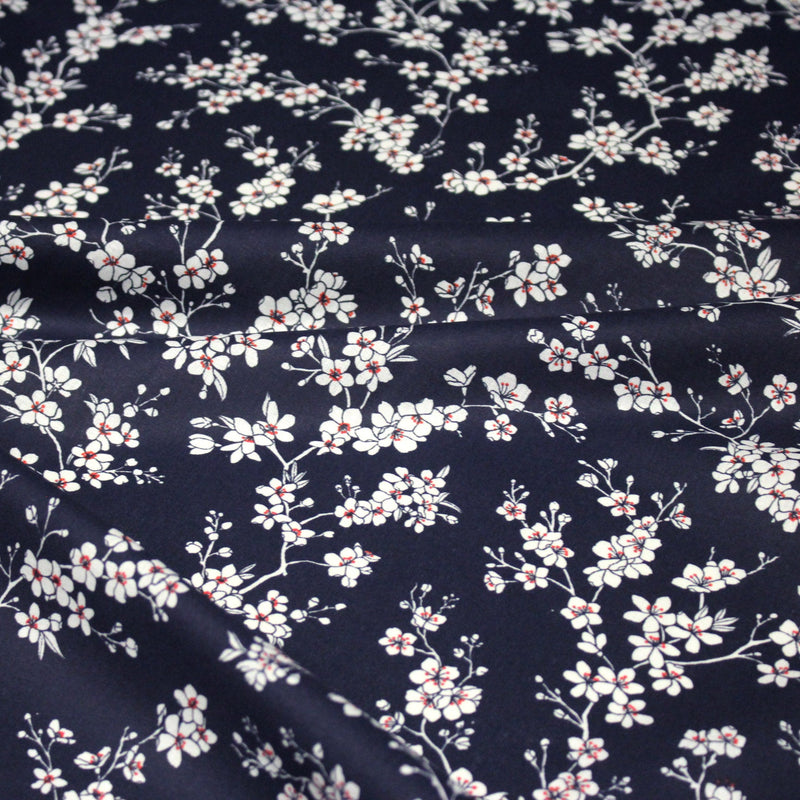 Tissu cotonnade HANA HANA, fleurs de cerisier japonais noir & blanc, fond rouge / bleu / jaune - OEKO - TEX - TissusPapi.com