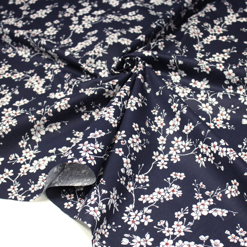 Tissu cotonnade HANA HANA, fleurs de cerisier japonais noir & blanc, fond rouge / bleu / jaune - OEKO - TEX - TissusPapi.com