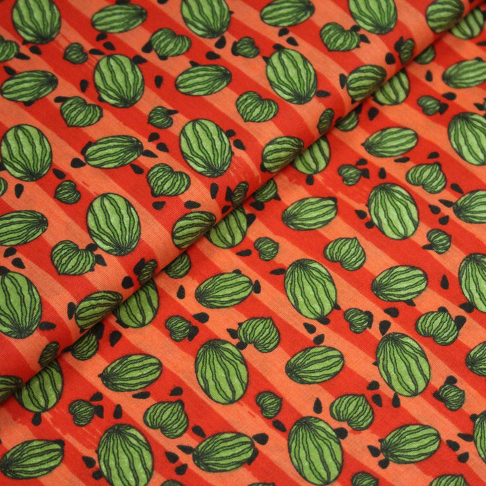 Tissu popeline coton rayures rouges & corail, petites pastèques vertes, collection SICILIA - TissusPapi.com