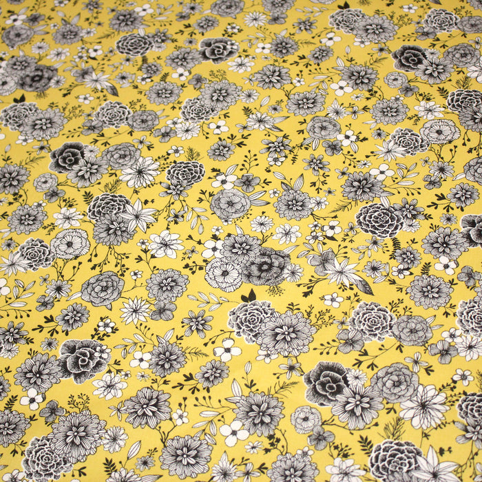 Tissu coton jaune citron & imprimé fleuri noir et blanc - COLLECTION SIRACUSA