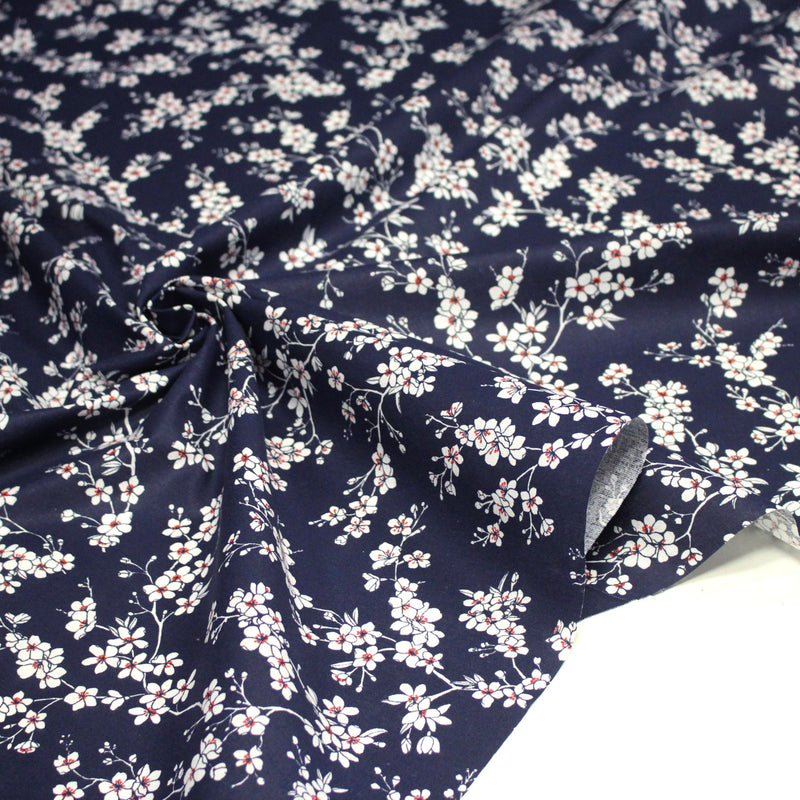 Tissu cotonnade HANA HANA, fleurs de cerisier japonais noir & blanc, fond rouge / bleu / jaune - OEKO - TEX - TissusPapi.com