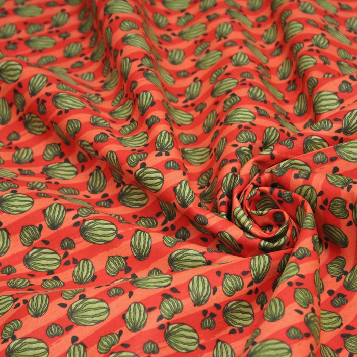 Tissu popeline coton rayures rouges & corail, petites pastèques vertes, collection SICILIA - TissusPapi.com