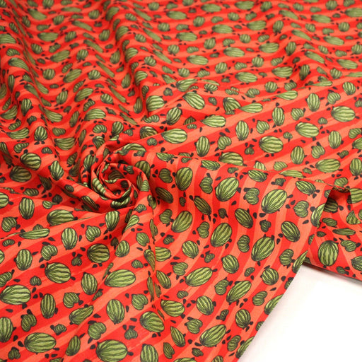 Tissu popeline coton rayures rouges & corail, petites pastèques vertes, collection SICILIA - TissusPapi.com