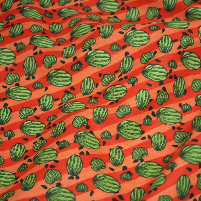 Tissu popeline coton rayures rouges & corail, petites pastèques vertes, collection SICILIA - TissusPapi.com