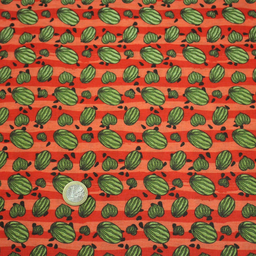Tissu popeline coton rayures rouges & corail, petites pastèques vertes, collection SICILIA - TissusPapi.com