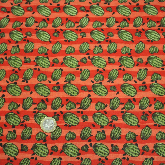 Tissu popeline coton rayures rouges & corail, petites pastèques vertes, collection SICILIA - TissusPapi.com