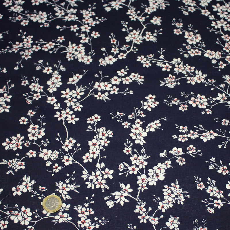 Tissu cotonnade HANA HANA, fleurs de cerisier japonais noir & blanc, fond rouge / bleu / jaune - OEKO - TEX - TissusPapi.com