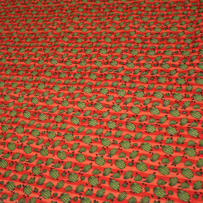 Tissu popeline coton rayures rouges & corail, petites pastèques vertes, collection SICILIA - TissusPapi.com