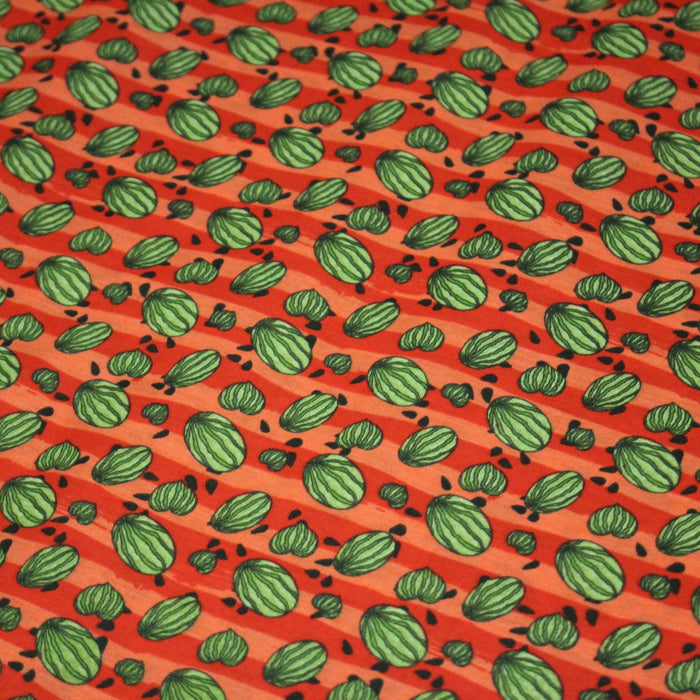 Tissu popeline coton rayures rouges & corail, petites pastèques vertes, collection SICILIA - TissusPapi.com