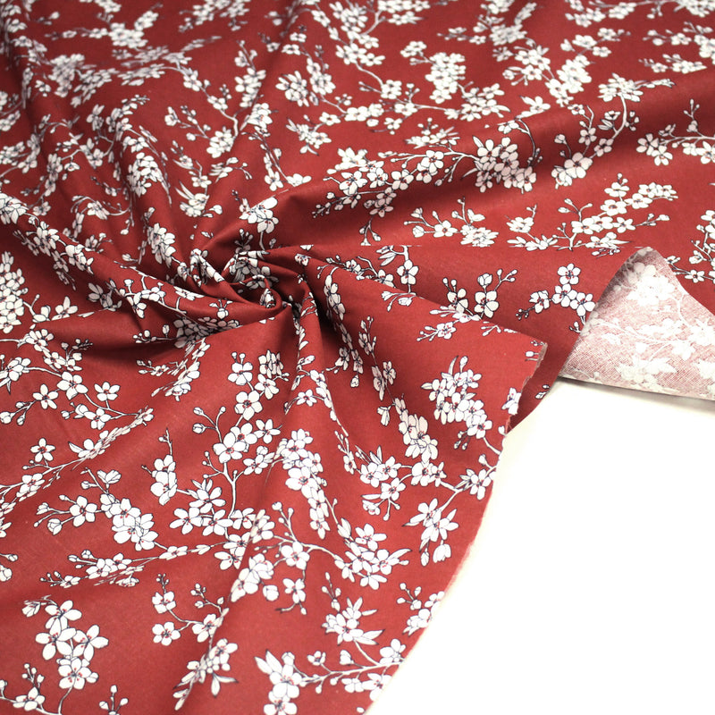 Tissu cotonnade HANA HANA, fleurs de cerisier japonais noir & blanc, fond rouge / bleu / jaune - OEKO - TEX - TissusPapi.com