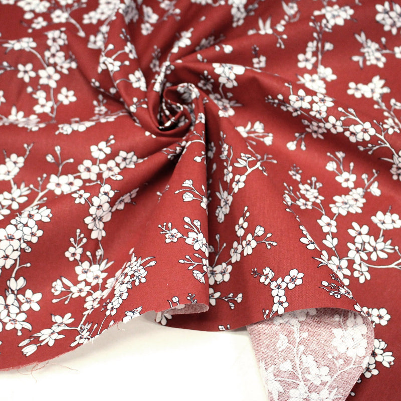 Tissu cotonnade HANA HANA, fleurs de cerisier japonais noir & blanc, fond rouge / bleu / jaune - OEKO - TEX - TissusPapi.com