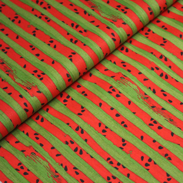 Tissu popeline coton Les pastèques : rayures rouges & vertes, collection SICILIA - TissusPapi.com
