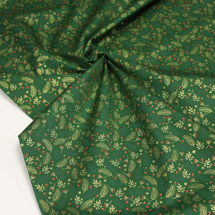 Tissu de coton de Noël vert aux fines branches et fleurs dorées, rouges et vertes - COLLECTION NOËL - OEKO-TEX