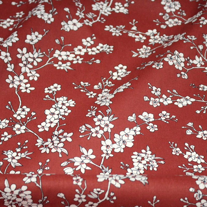 Tissu cotonnade HANA HANA, fleurs de cerisier japonais noir & blanc, fond rouge / bleu / jaune - OEKO - TEX - TissusPapi.com