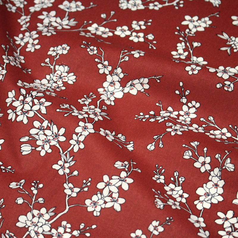 Tissu cotonnade HANA HANA, fleurs de cerisier japonais noir & blanc, fond rouge / bleu / jaune - OEKO - TEX - TissusPapi.com
