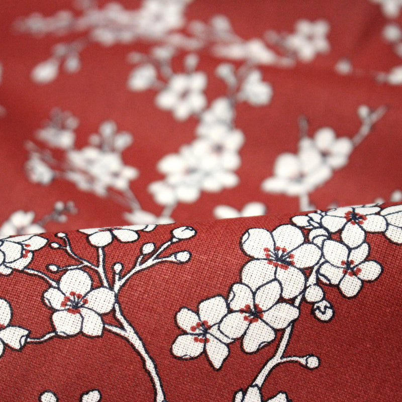 Tissu cotonnade HANA HANA, fleurs de cerisier japonais noir & blanc, fond rouge / bleu / jaune - OEKO - TEX - TissusPapi.com