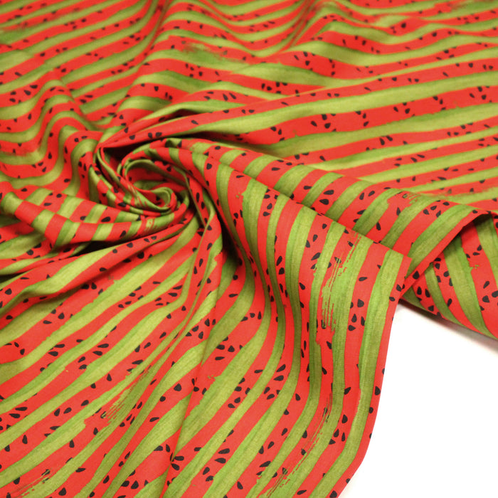 Tissu popeline coton Les pastèques : rayures rouges & vertes, collection SICILIA - TissusPapi.com