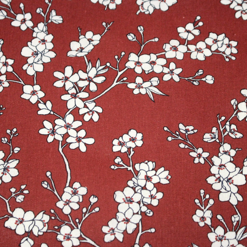 Tissu cotonnade HANA HANA, fleurs de cerisier japonais noir & blanc, fond rouge / bleu / jaune - OEKO - TEX - TissusPapi.com