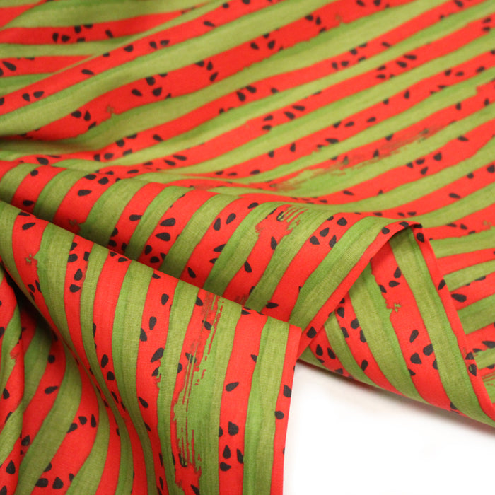 Tissu popeline coton Les pastèques : rayures rouges & vertes, collection SICILIA - TissusPapi.com