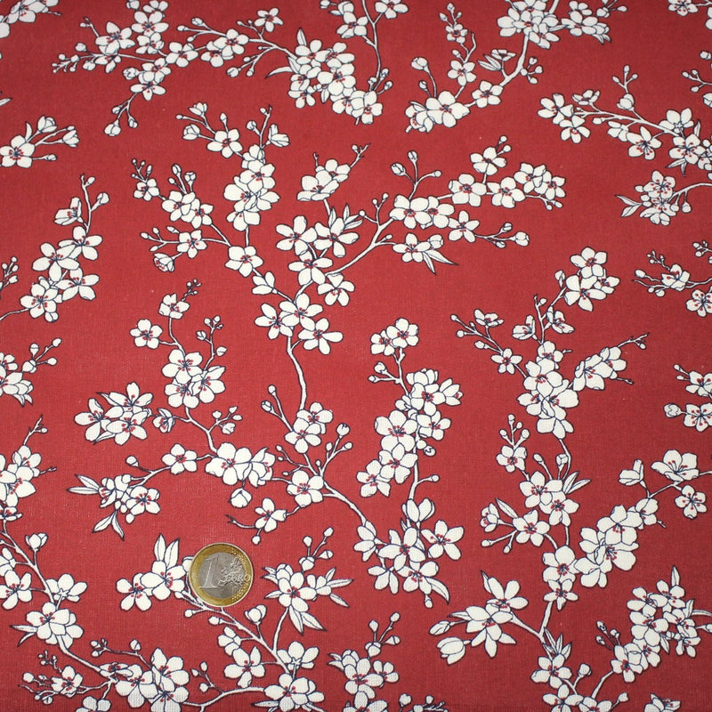 Tissu cotonnade HANA HANA, fleurs de cerisier japonais noir & blanc, fond rouge / bleu / jaune - OEKO - TEX - TissusPapi.com