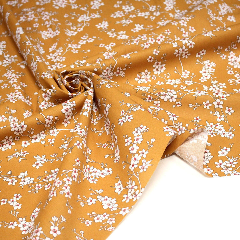 Tissu cotonnade HANA HANA, fleurs de cerisier japonais noir & blanc, fond rouge / bleu / jaune - OEKO - TEX - TissusPapi.com