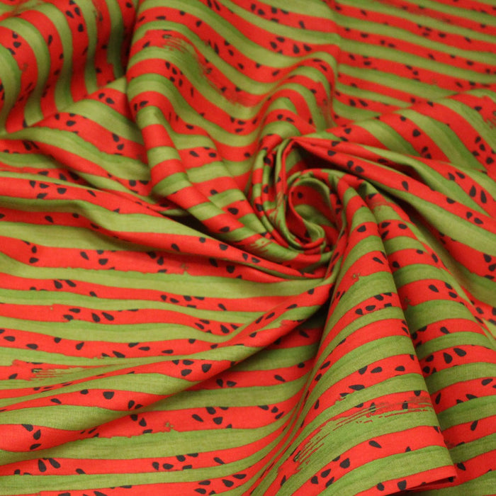 Tissu popeline coton Les pastèques : rayures rouges & vertes, collection SICILIA - TissusPapi.com