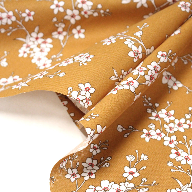 Tissu cotonnade HANA HANA, fleurs de cerisier japonais noir & blanc, fond rouge / bleu / jaune - OEKO - TEX - TissusPapi.com