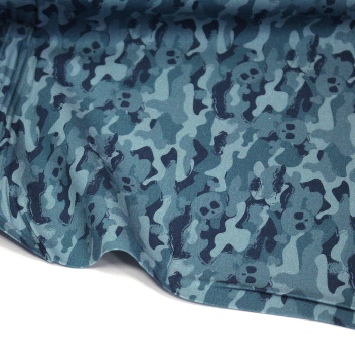 Tissu coton bleu motif camouflage & têtes de mort - Collection Halloween - OEKO-TEX