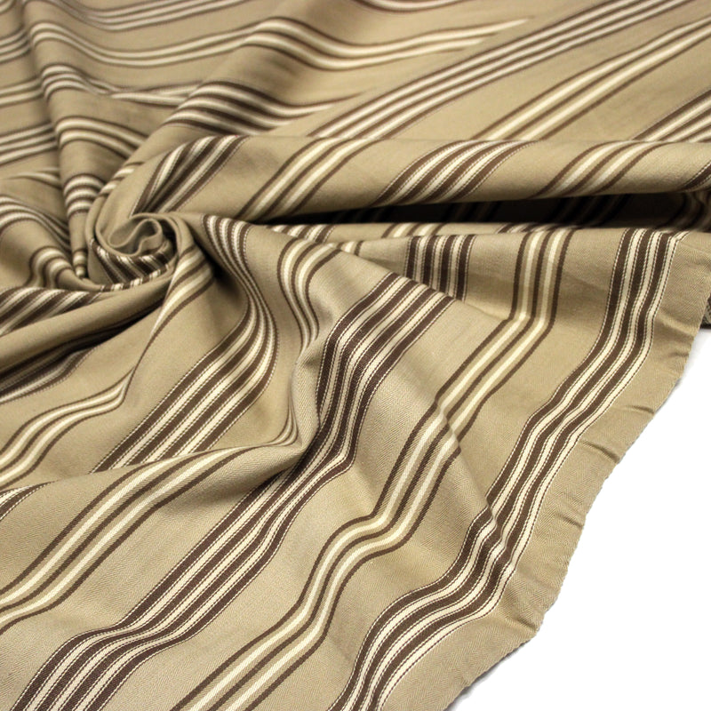 Tissu toile à matelas coton CAMARET aux 4 rayures marron et écrues, fond sable