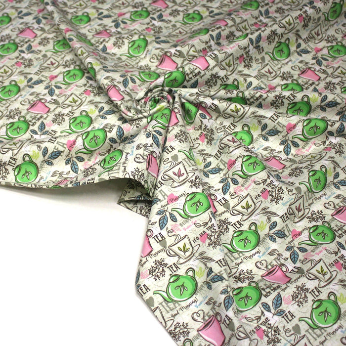 Tissu popeline coton, TEATIME : théières et tasses de thé, écru, rose & vert - TissusPapi.com