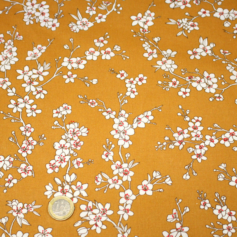 Tissu cotonnade HANA HANA, fleurs de cerisier japonais noir & blanc, fond rouge / bleu / jaune - OEKO - TEX - TissusPapi.com