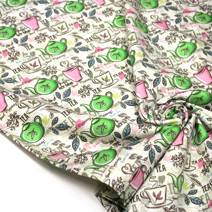 Tissu popeline coton, TEATIME : théières et tasses de thé, écru, rose & vert - TissusPapi.com