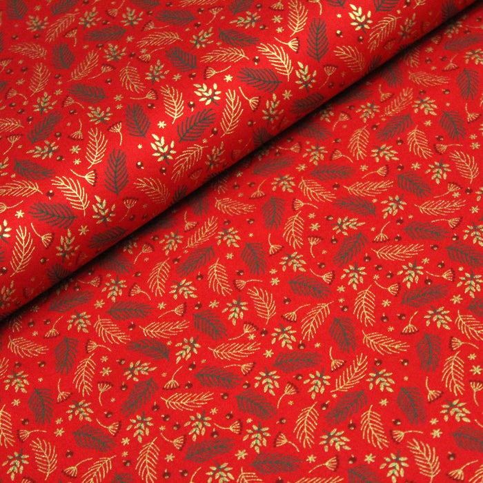 Tissu de coton de Noël rouge aux fines branches et fleurs dorées, rouges et vertes - COLLECTION NOËL - OEKO-TEX