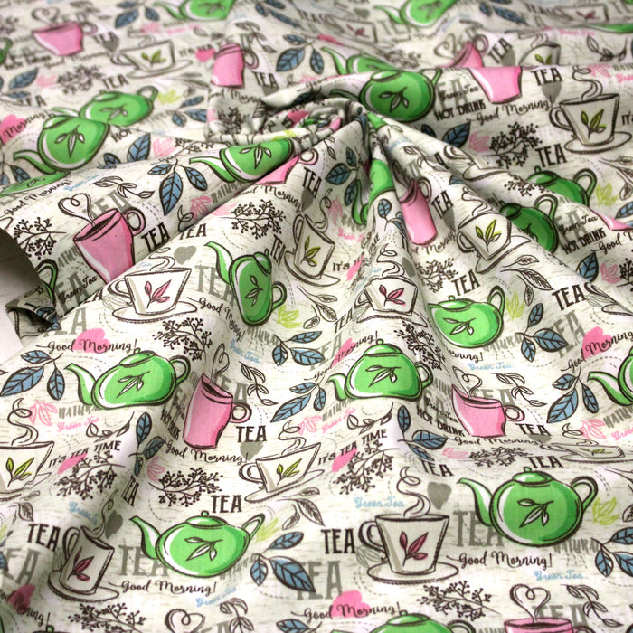 Tissu popeline coton, TEATIME : théières et tasses de thé, écru, rose & vert - TissusPapi.com