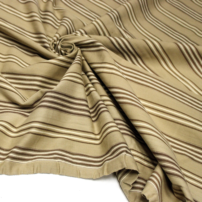 Tissu toile à matelas coton CAMARET aux 4 rayures marron et écrues, fond sable