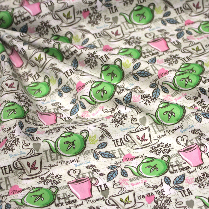 Tissu popeline coton, TEATIME : théières et tasses de thé, écru, rose & vert - TissusPapi.com