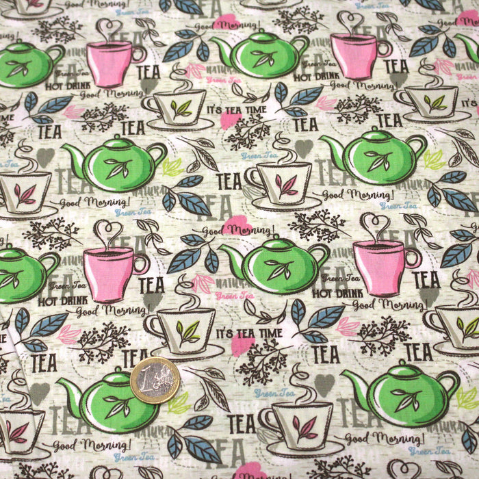Tissu popeline coton, TEATIME : théières et tasses de thé, écru, rose & vert - TissusPapi.com