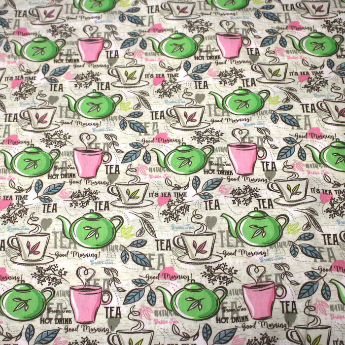 Tissu popeline coton, TEATIME : théières et tasses de thé, écru, rose & vert - TissusPapi.com