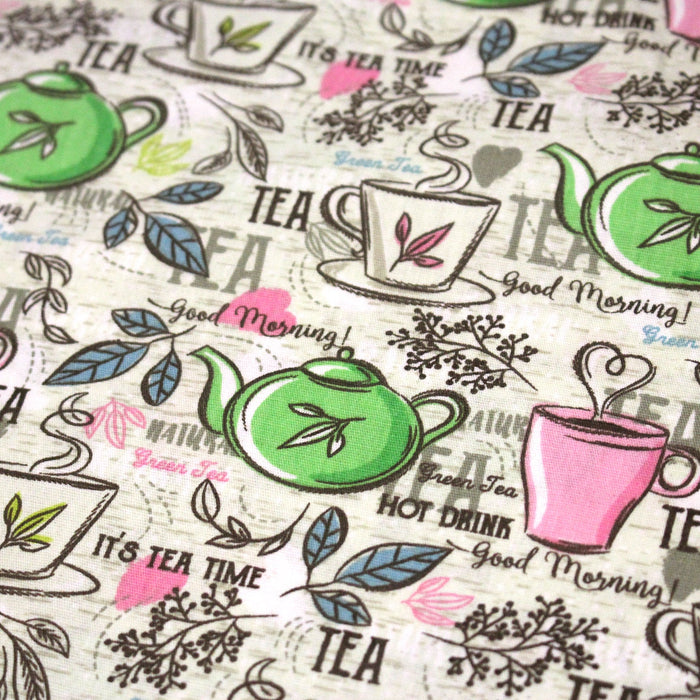 Tissu popeline coton, TEATIME : théières et tasses de thé, écru, rose & vert - TissusPapi.com