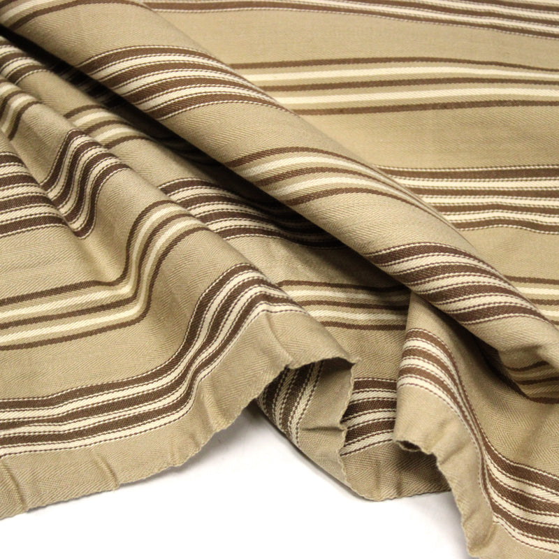 Tissu toile à matelas coton CAMARET aux 4 rayures marron et écrues, fond sable