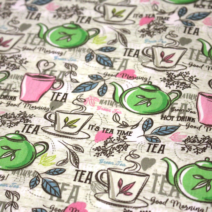 Tissu popeline coton, TEATIME : théières et tasses de thé, écru, rose & vert - TissusPapi.com
