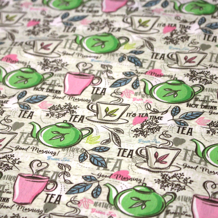 Tissu popeline coton, TEATIME : théières et tasses de thé, écru, rose & vert - TissusPapi.com