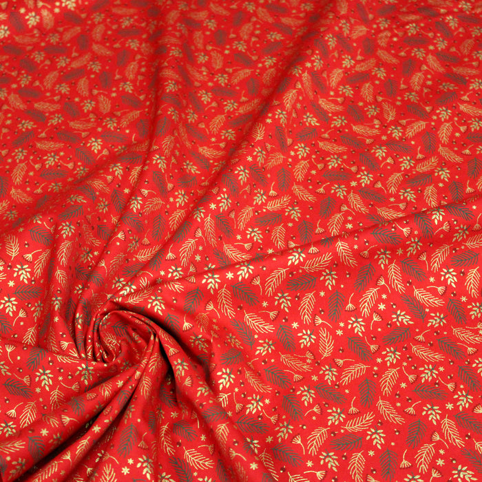 Tissu de coton de Noël rouge aux fines branches et fleurs dorées, rouges et vertes - COLLECTION NOËL - OEKO-TEX