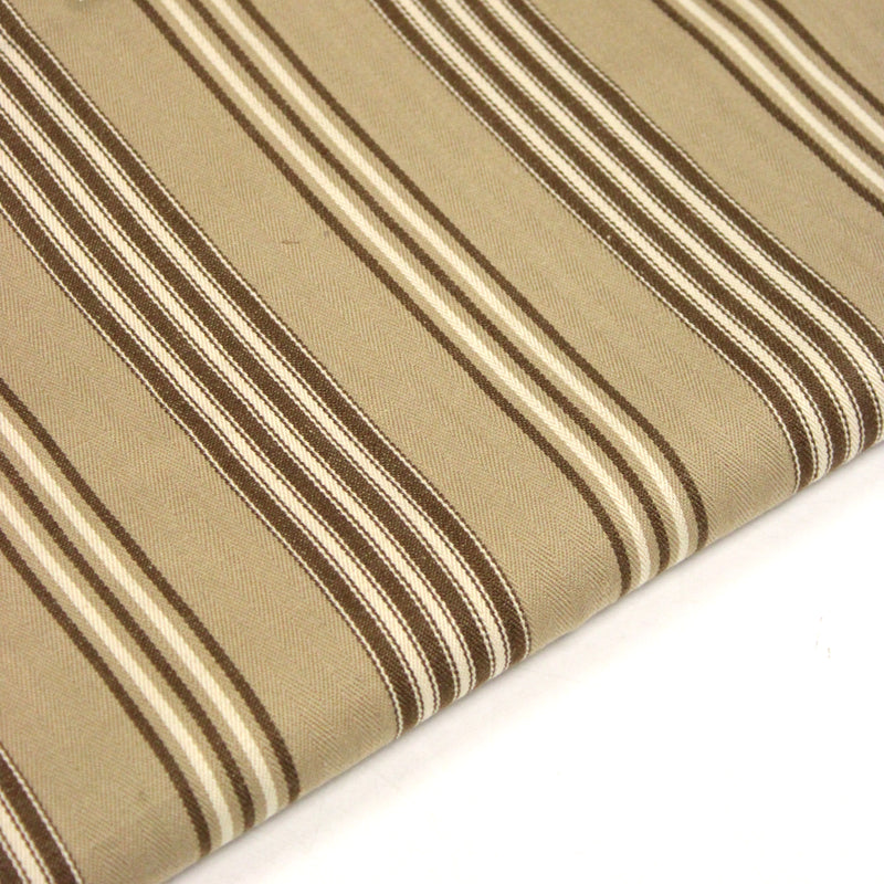Tissu toile à matelas coton CAMARET aux 4 rayures marron et écrues, fond sable