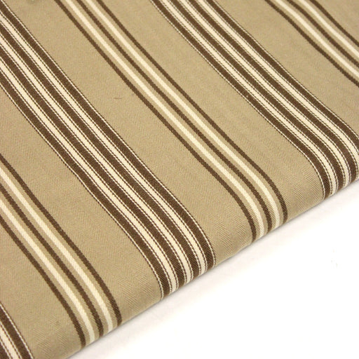 Tissu toile à matelas coton CAMARET aux 4 rayures marron et écrues, fond sable - TissusPapi.com