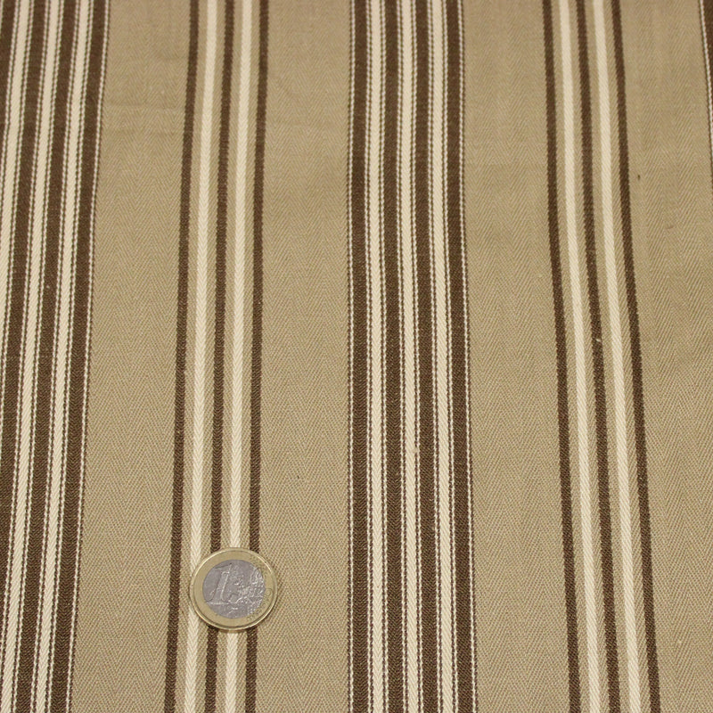 Tissu toile à matelas coton CAMARET aux 4 rayures marron et écrues, fond sable