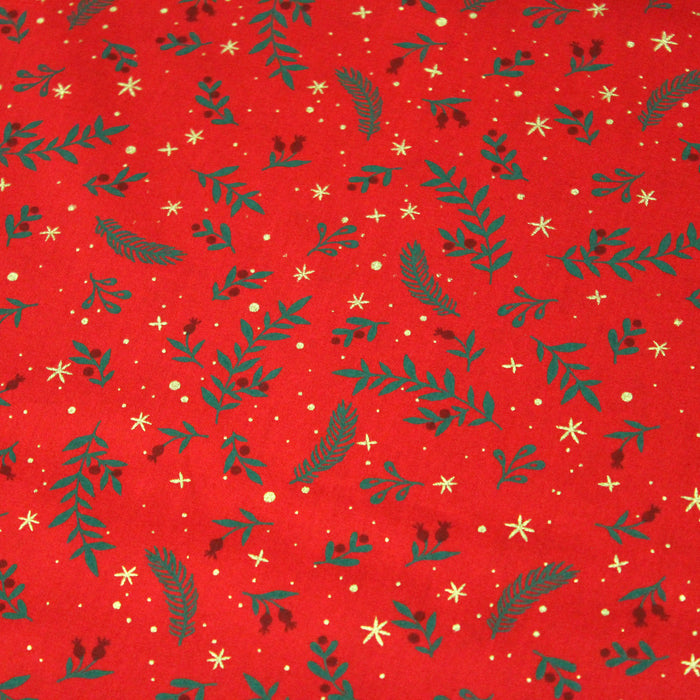 Tissu de coton de Noël rouge aux branches de houx vertes et étoiles dorées - COLLECTION NOËL - OEKO-TEX