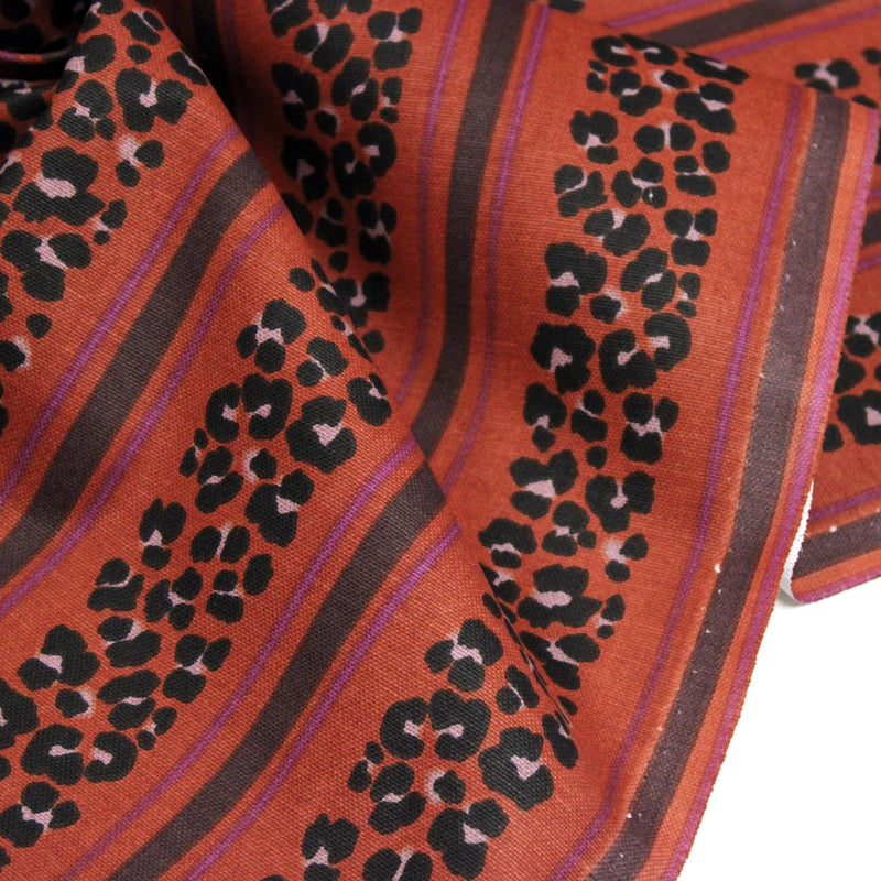 Tissu coton demi-natté LEOPARD & rayures : fond lin ou fond sienne chocolat - OEKO-TEX STANDARD 100 - TissusPapi.com