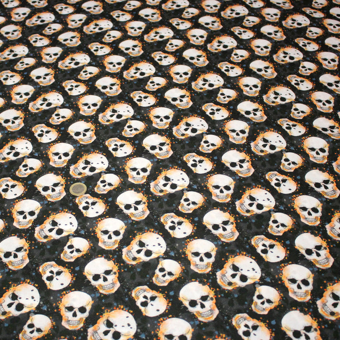 Tissu coton noir aux crânes et têtes de mort oranges - Collection Halloween - OEKO-TEX