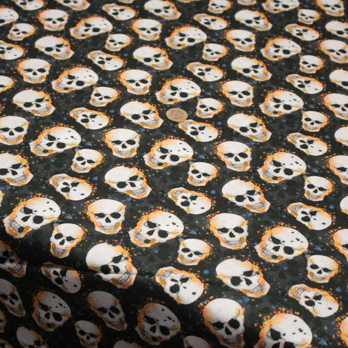 Tissu coton noir aux crânes et têtes de mort oranges - Collection Halloween - OEKO-TEX